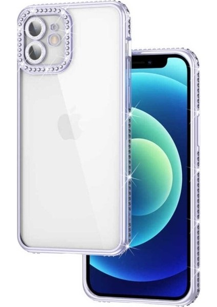 Apple iPhone 12 Uyumlu Kılıf Kamera Korumalı Taşlı Zore Mina Kapak, Lila