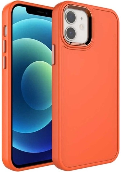 Apple iPhone 12 Uyumlu Kılıf Metal Çerçeve ve Buton Tasarımlı Sert Zore Botox Kapak, Turuncu