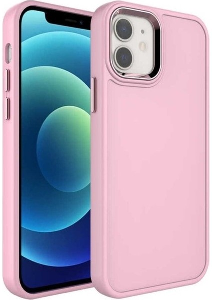 Apple iPhone 12 Uyumlu Kılıf Metal Çerçeve ve Buton Tasarımlı Sert Zore Botox Kapak, Pembe Açık
