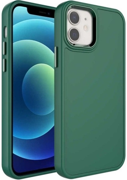 Apple iPhone 12 Uyumlu Kılıf Metal Çerçeve ve Buton Tasarımlı Sert Zore Botox Kapak, Koyu Yeşil