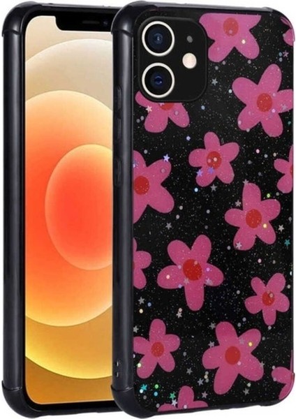 Apple iPhone 12 Uyumlu Kılıf Simli Desenli Kamera Korumalı Parlak Zore Popy Kapak, Çiçek