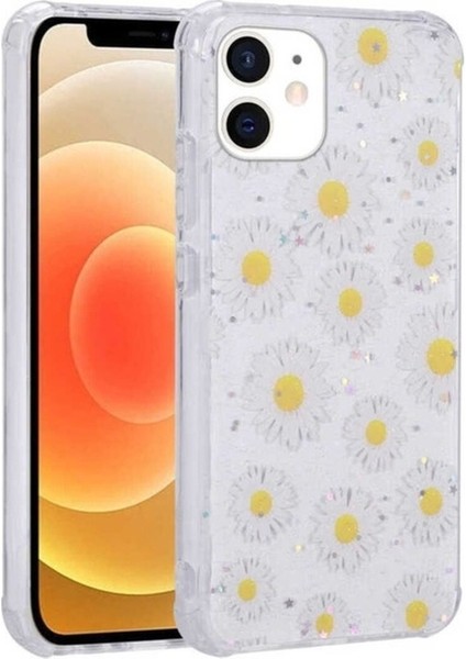 Apple iPhone 12 Uyumlu Kılıf Simli Desenli Kamera Korumalı Parlak Zore Popy Kapak, Papatya