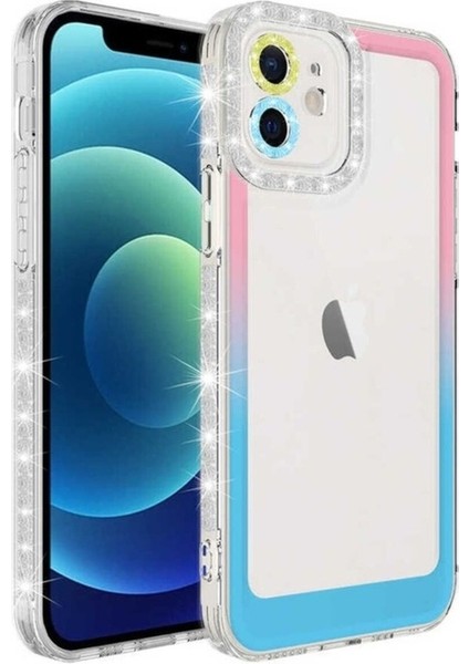 Apple iPhone 12 Uyumlu Kılıf Simli ve Renk Geçiş Tasarımlı Lens Korumalı Zore Park Kapak, Pembe-Mavi