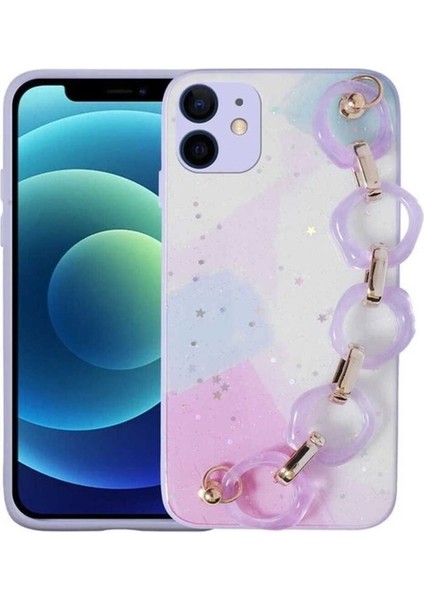 Apple iPhone 12 Uyumlu Kılıf Simli Desenli El Askılı Tutacaklı Zore Elsa Silikon Kapak, Lila