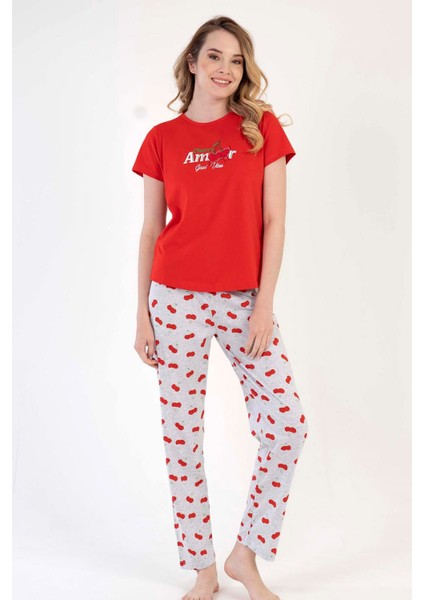 Kadın Kırmızı Gri Kısa Kollu Desenli Bisiklet Yaka Oval Etek Süprem Pijama Takımı