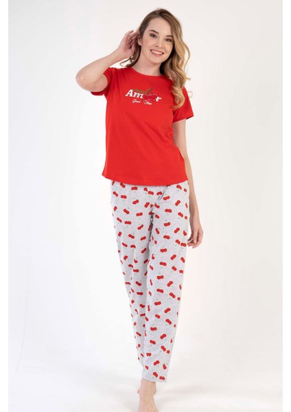 Kadın Kırmızı Gri Kısa Kollu Desenli Bisiklet Yaka Oval Etek Süprem Pijama Takımı