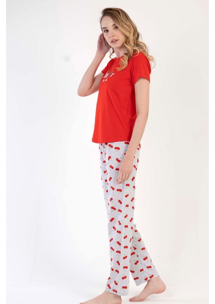 Kadın Kırmızı Gri Kısa Kollu Desenli Bisiklet Yaka Oval Etek Süprem Pijama Takımı