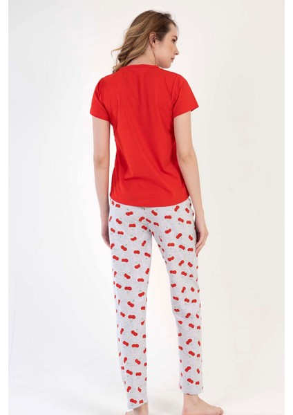 Kadın Kırmızı Gri Kısa Kollu Desenli Bisiklet Yaka Oval Etek Süprem Pijama Takımı