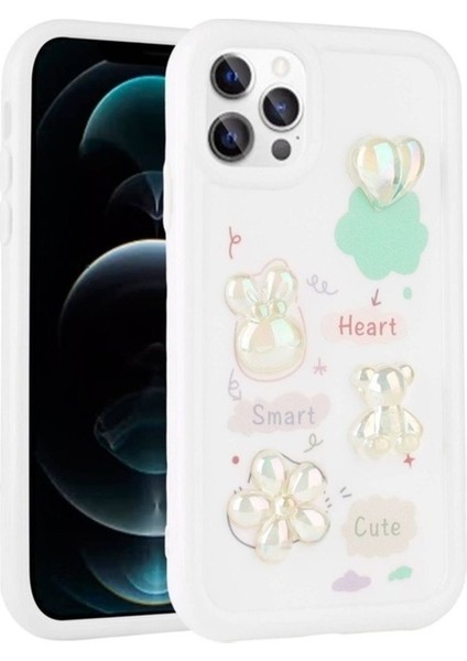Apple iPhone 13 Pro Max Uyumlu Kılıf Kabartma Figürlü Parlak Zore Toys Silikon Kapak, Beyaz