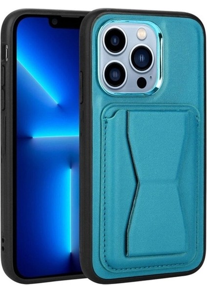 Apple iPhone 13 Pro Max Uyumlu Kılıf Kartlıklı Standlı Pu Deri Zore Memo Kapak, Mavi
