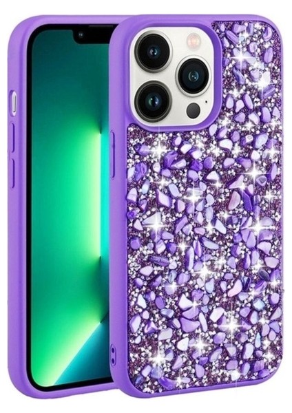 Apple iPhone 13 Pro Max Uyumlu Kılıf Parlak Taşlı Tasarım Zore Linea Kapak, Mor