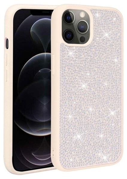Apple iPhone 13 Pro Max Uyumlu Kılıf Parlak Taşlı Tasarım Zore Ston Kapak, Beyaz