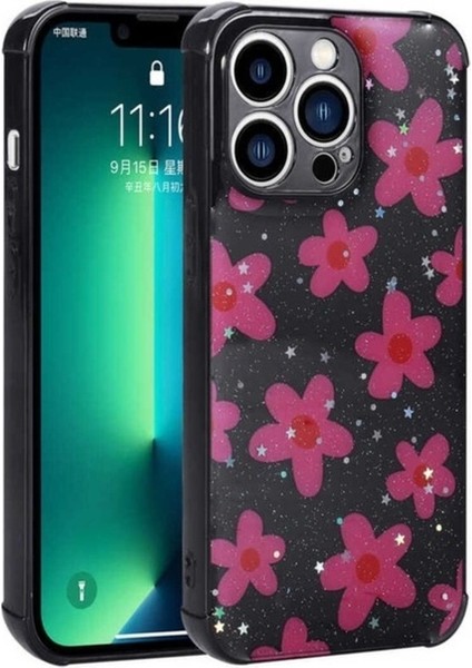 Apple iPhone 13 Pro Max Uyumlu Kılıf Simli Desenli Kamera Korumalı Parlak Zore Popy Kapak, Çiçek