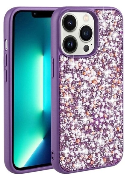 Apple iPhone 13 Pro Max Uyumlu Kılıf Parlak Taşlı Tasarım Zore Linea Kapak, Derin Mor