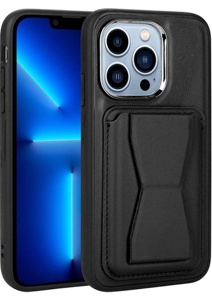 Apple iPhone 13 Pro Max Uyumlu Kılıf Kartlıklı Standlı Pu Deri Zore Memo Kapak, Siyah