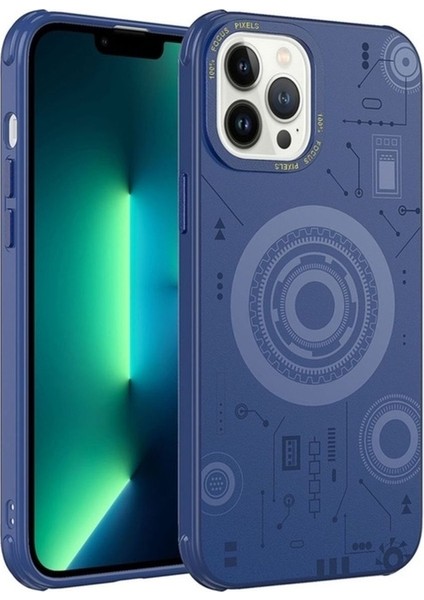 Apple iPhone 13 Pro Max Uyumlu Kılıf Zore Wireless Şarj Özellikli Desenli Hot Kapak, Lacivert