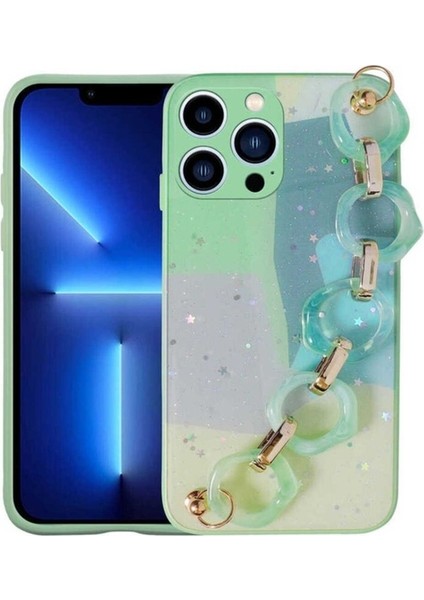Apple iPhone 13 Pro Uyumlu Kılıf Simli Desenli El Askılı Tutacaklı Zore Elsa Silikon Kapak, Yeşil