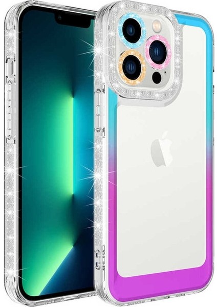 Apple iPhone 13 Pro Uyumlu Kılıf Simli ve Renk Geçiş Tasarımlı Lens Korumalı Zore Park Kapak, Mavi-Mor