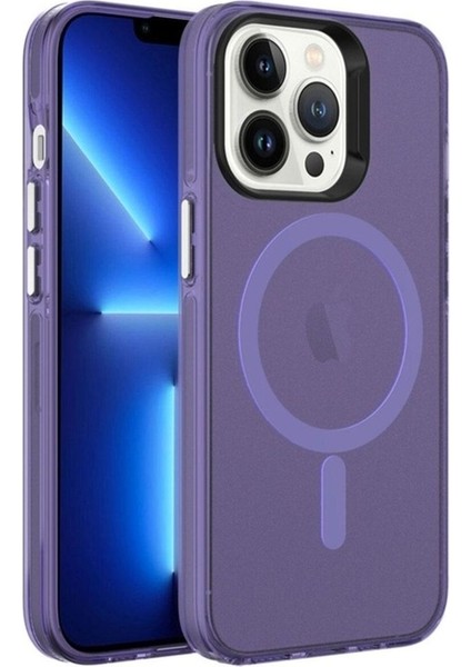 Apple iPhone 13 Pro Uyumlu Kılıf Zore Magsafe Şarj Özellikli Buzlu Transparan C-Pro Sert Kapak, Derin Mor