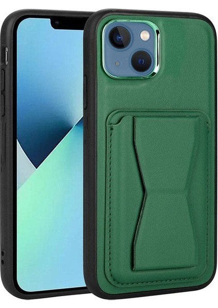 Apple iPhone 13 Uyumlu Kılıf Kartlıklı Standlı Pu Deri Zore Memo Kapak, Koyu Yeşil