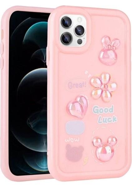 Apple iPhone 12 Pro Max Uyumlu Kılıf Kabartma Figürlü Parlak Zore Toys Silikon Kapak, Pembe