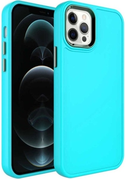 Apple iPhone 12 Pro Max Uyumlu Kılıf Metal Çerçeve ve Buton Tasarımlı Sert Zore Botox Kapak, Turkuaz
