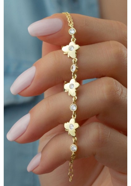 925 Ayar Gold 3'lü Kelebek Zirkon Taşlı Gümüş Bileklik