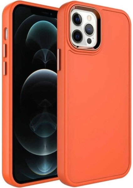 Apple iPhone 12 Pro Max Uyumlu Kılıf Metal Çerçeve ve Buton Tasarımlı Sert Zore Botox Kapak, Turuncu