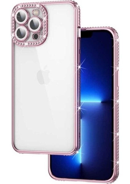 Apple iPhone 13 Pro Uyumlu Kılıf Kamera Korumalı Taşlı Zore Mina Kapak, Rose Gold