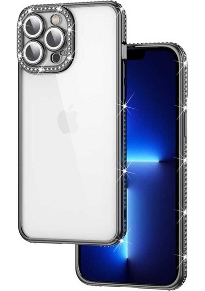 Apple iPhone 13 Pro Max Uyumlu Kılıf Kamera Korumalı Taşlı Zore Mina Kapak, Siyah