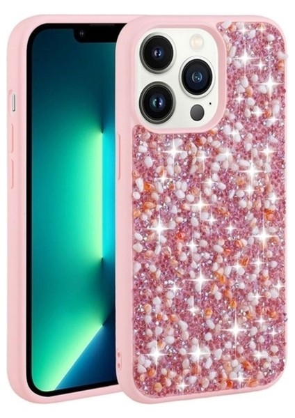 Apple iPhone 13 Pro Max Uyumlu Kılıf Parlak Taşlı Tasarım Zore Linea Kapak, Pembe