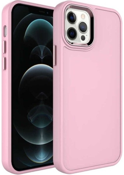 Apple iPhone 13 Pro Max Uyumlu Kılıf Metal Çerçeve ve Buton Tasarımlı Sert Zore Botox Kapak, Pembe Açık