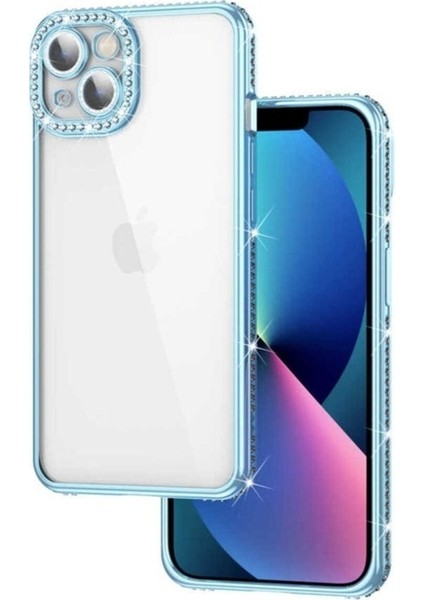 Apple iPhone 13 Uyumlu Kılıf Kamera Korumalı Taşlı Zore Mina Kapak, Mavi