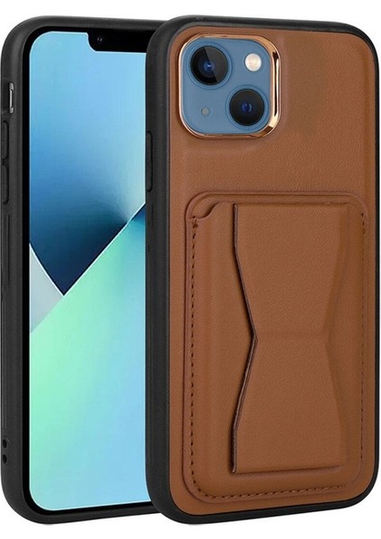 Apple iPhone 13 Uyumlu Kılıf Kartlıklı Standlı Pu Deri Zore Memo Kapak, Kahverengi