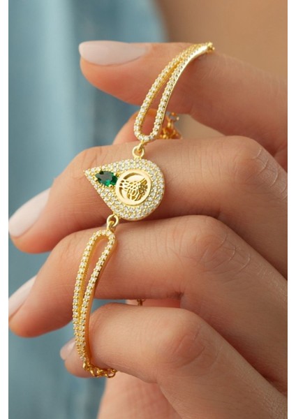 925 Ayar Tuğralı Yeşil Taşlı Gold Gümüş Bileklik