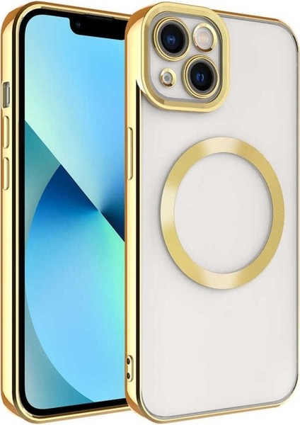 Apple iPhone 13 Uyumlu Kılıf Magsafe Wireless Şarj Özellikli Zore Setro Silikon, Gold