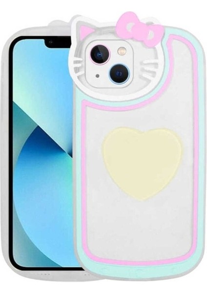 Apple iPhone 13 Uyumlu Kılıf Kedi Figürlü Transparan Pop Soketli Zore Ritmik Kapak, Beyaz