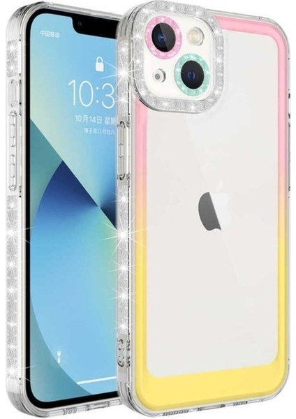 Apple iPhone 13 Uyumlu Kılıf Simli ve Renk Geçiş Tasarımlı Lens Korumalı Zore Park Kapak, Pembe-Sarı