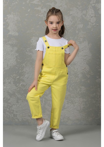 Pamuklu Cepli Gabardin Kız Çocuk Kot Tulum