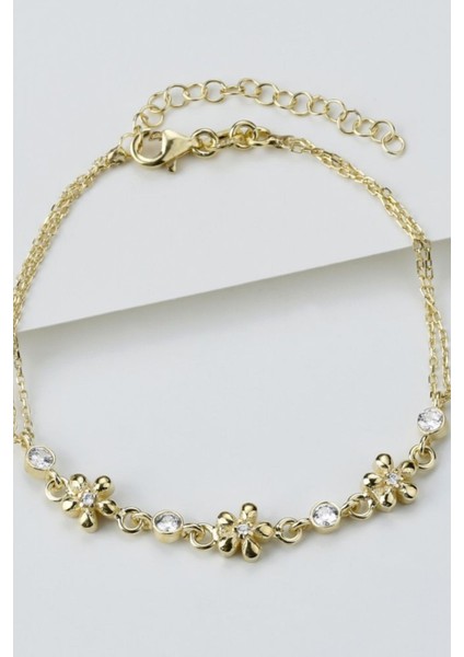 925 Ayar Gold Çiçek Zirkon Taşlı Gümüş Bileklik modelleri