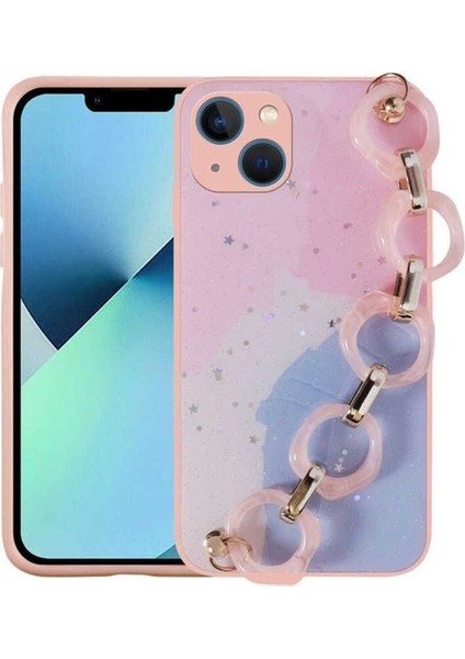 Apple iPhone 13 Uyumlu Kılıf Simli Desenli El Askılı Tutacaklı Zore Elsa Silikon Kapak, Pembe