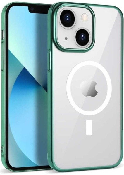 Apple iPhone 13 Uyumlu Kılıf Zore Wireless Şarj Özellikli Pixel Magsafe Kapak, Koyu Yeşil