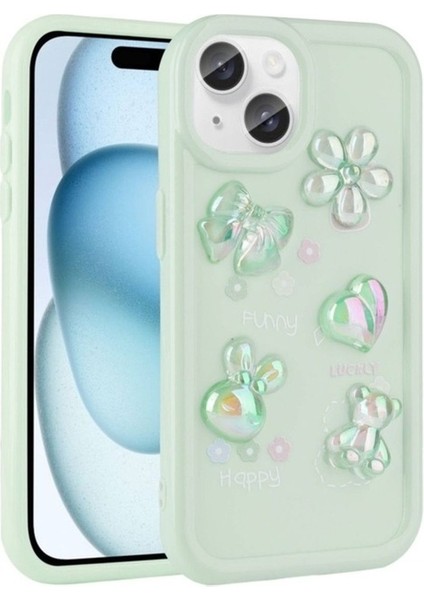 Apple iPhone 14 Plus Uyumlu Kılıf Kabartma Figürlü Parlak Zore Toys Silikon Kapak, Açık Yeşil