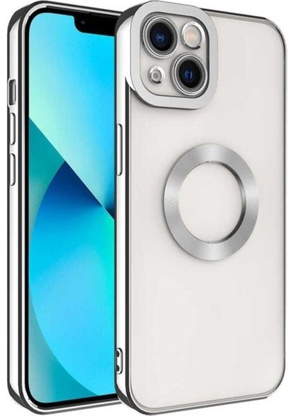 Apple iPhone 14 Plus Uyumlu Kılıf Kamera Korumalı Logo Gösteren Zore Omega Kapak, Gümüş