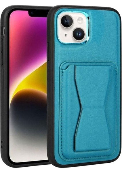 Apple iPhone 14 Plus Uyumlu Kılıf Kartlıklı Standlı Pu Deri Zore Memo Kapak, Mavi