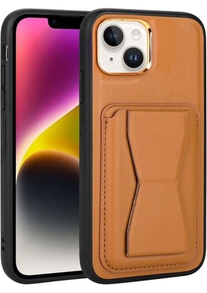 Apple iPhone 14 Plus Uyumlu Kılıf Kartlıklı Standlı Pu Deri Zore Memo Kapak, Kahve Açık