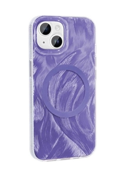 Apple iPhone 14 Plus Uyumlu Kılıf Magsafe Şarj Özellikli Fırça Boya Desenli Zore Palet Kapak, Mor