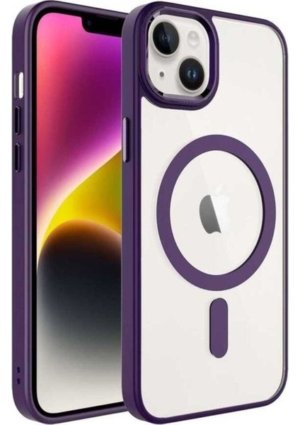 Apple iPhone 14 Plus Uyumlu Kılıf Wireless Şarj Özellikli Zore Krom Magsafe Silikon Kapak, Derin Mor
