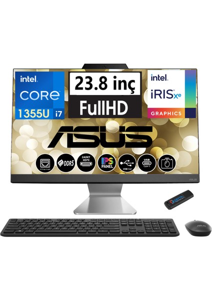 A3402WBAK-I716512B0D Intel I7-1355U  64GB Ddr5 Ram 512GB SSD 23.8 Fhd IPS Freedos All In One Bilgisayar I716512B0D12+ZETTAUSBBELLEK