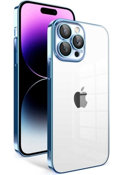 Apple iPhone 14 Pro Max Uyumlu Kılıf Kamera Korumalı Renkli Çerçeveli Zore Garaj Kapak, Mavi Açık